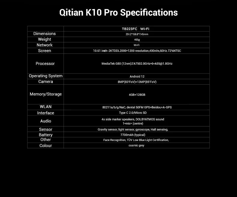 Global Firmware Lenovo Tablet Qitian Pad K10 Pro 10.6 inch Mediatek G80 60Hz 2000*1200 Resolution 7700mAh Face Recognition