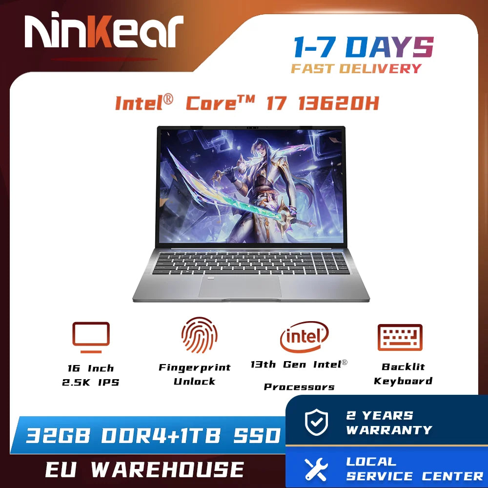 Ninkear N16 Pro Gaming Laptop 13th Intel i7-13620H 16-inch 2.5K IPS 120Hz Computer 32GB DDR4+1TB SSD WiFi 6 Face Recognition