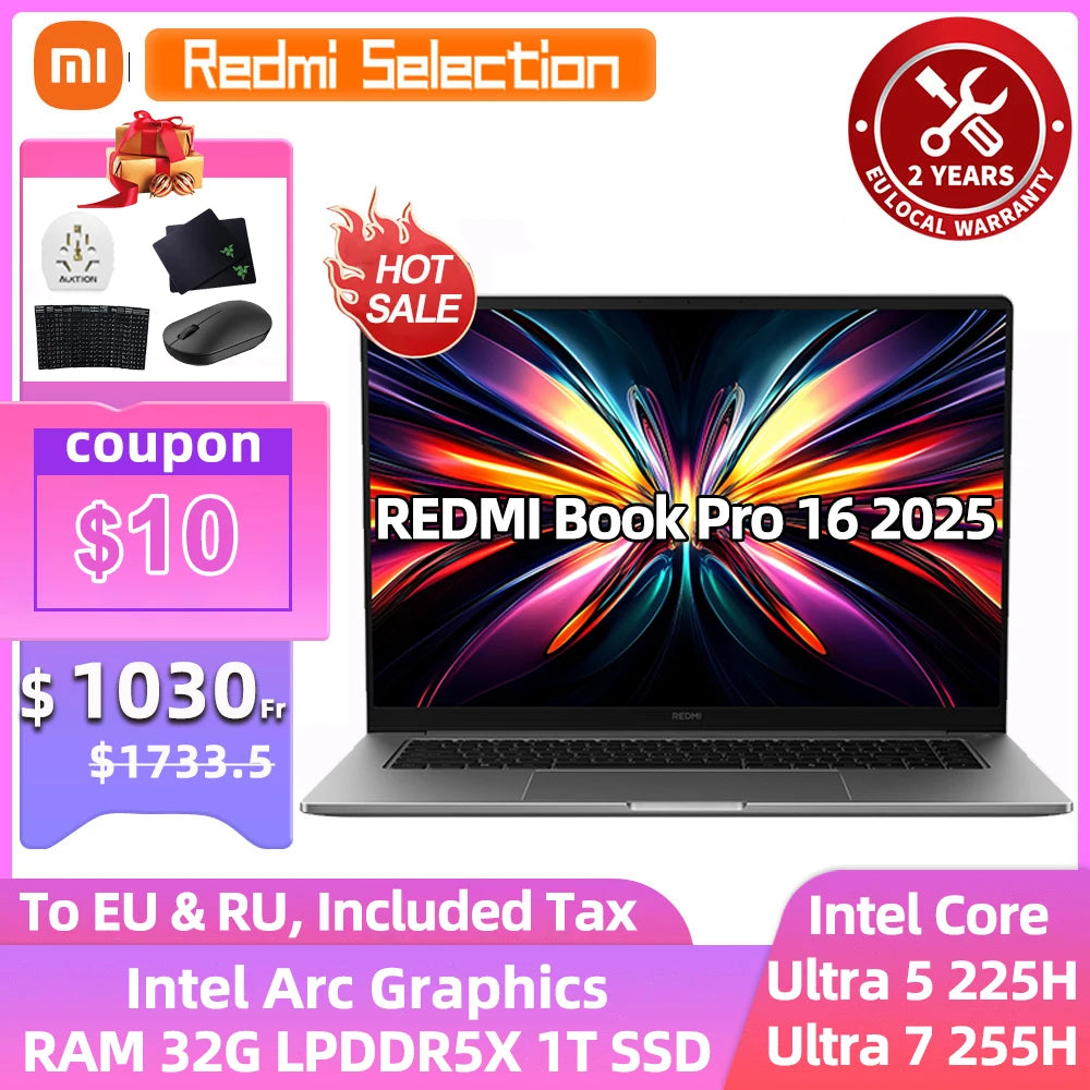 Xiaomi Laptop Redmi Book Pro 16 2025 Ultra 7 255H/Ultra 5 225H Intel Arc Graphics 32GB LPDDR5X 1T SSD 16-inch 165 Hz 3.1K Screen