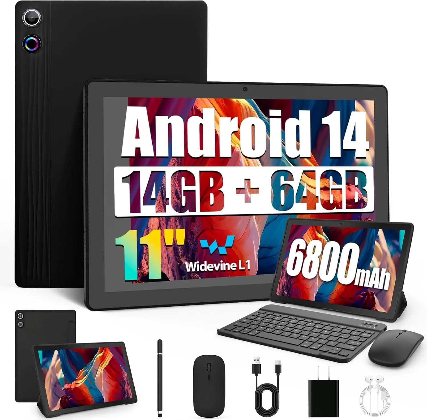 URAO 11 Inch Tablet Android 14GB RAM 64GB ROM 6800mAh IPS HD Touch Screen with Keyboard Protective Case Mouse Stylus 8 in 1 Kit