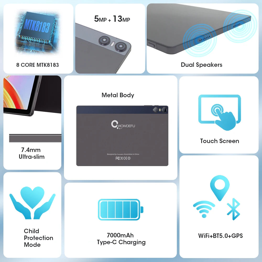 2024 CWOWDEFU Android 13 Tablet 10.95" FHD Incell 2K-Display MTK Octa Core 6GB 128GB 7000mAh Battery 13MP Cam GPS Tablet PC