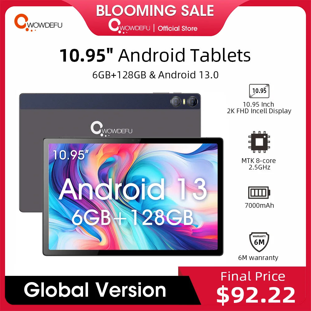 2024 CWOWDEFU Android 13 Tablet 10.95" FHD Incell 2K-Display MTK Octa Core 6GB 128GB 7000mAh Battery 13MP Cam GPS Tablet PC