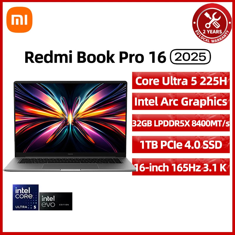 Xiaomi Laptop Redmi Book Pro 16 2025 Ultra 7 255H/Ultra 5 225H Intel Arc Graphics 32GB LPDDR5X 1T SSD 16-inch 165 Hz 3.1K Screen