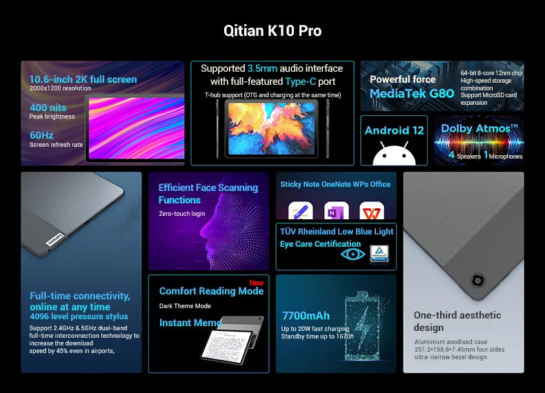 Global Firmware Lenovo Tablet Qitian Pad K10 Pro 10.6 inch Mediatek G80 60Hz 2000*1200 Resolution 7700mAh Face Recognition
