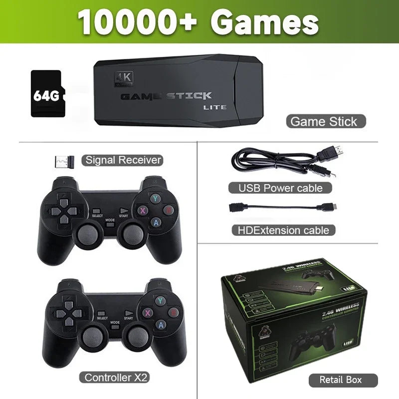 Video Game Console Built-in 10000+ Games Retro Handheld Game Player 64G 4K TV Game Stick 2.4G Wireless Controller Gamepad
